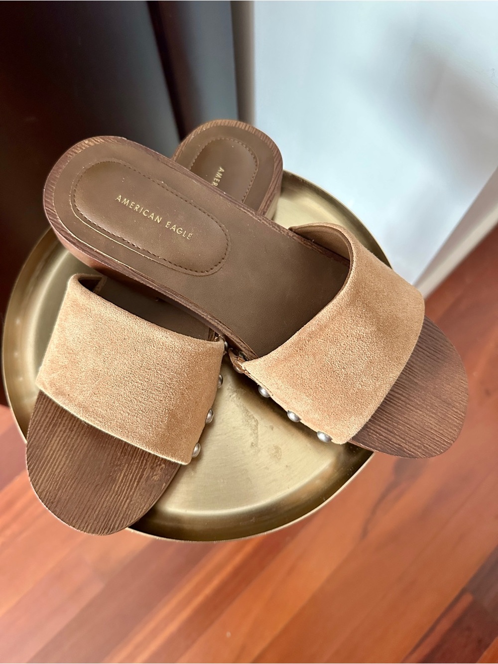 American Eagle Outfitters Cognac Suede Slide with Silver Studs